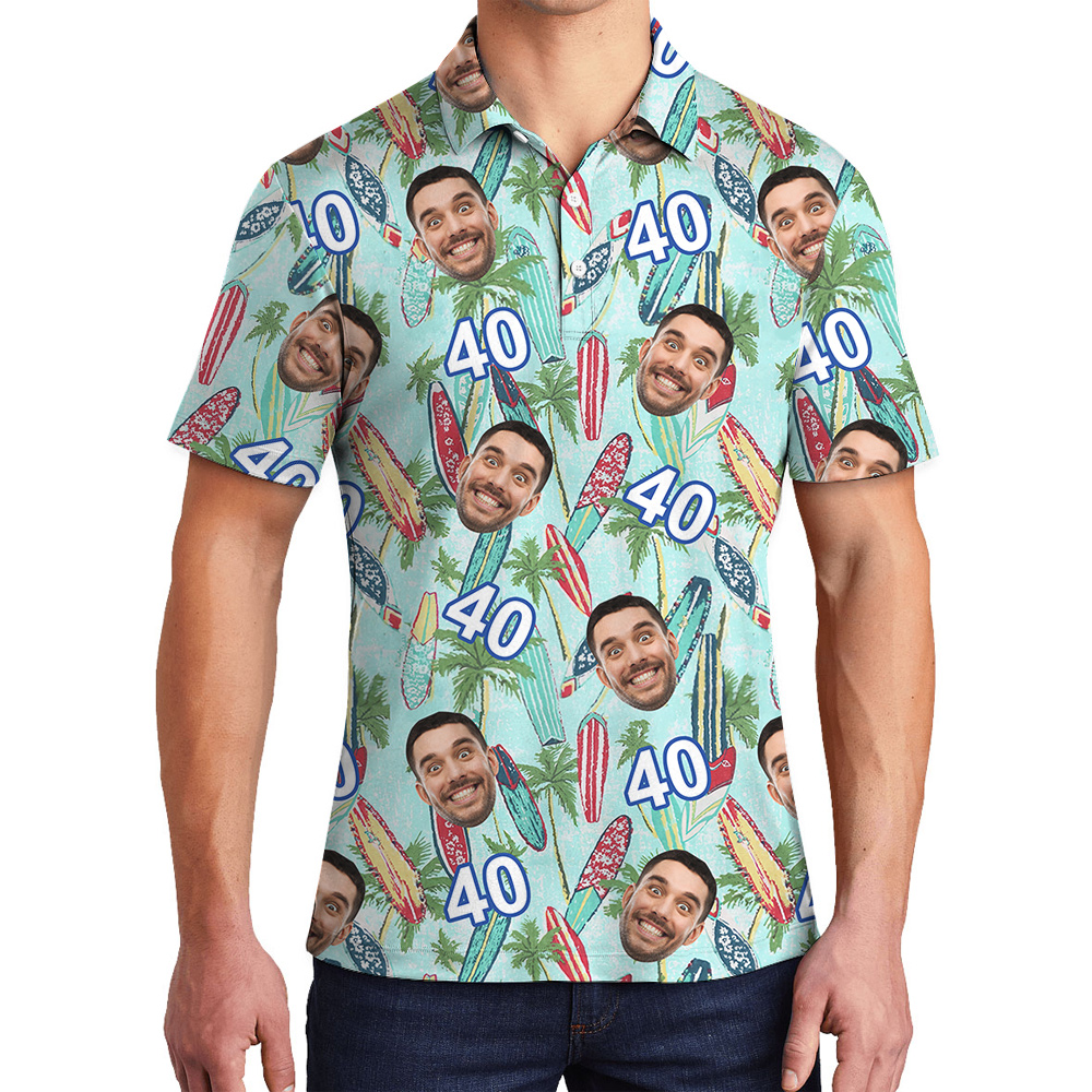 Surfboard Birthday Hawaiian Polo Shirt for Men with Custom Face and Age - variant image 1