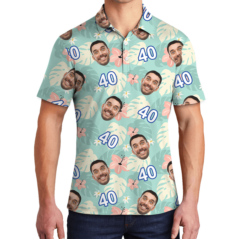 Custom Face and Age Green Birthday Polo Hawaiian Shirt Mens - variant image 1