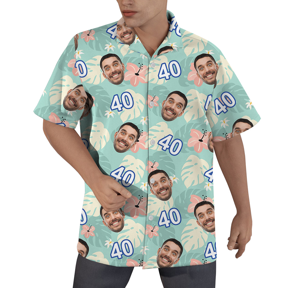 Custom Face and Age Green Birthday Hawaiian Shirt Mens - variant image 1