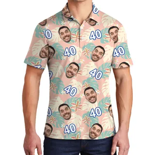 Custom Face and Age Funny Pink Birthday Hawaiian Polo Shirt Mens