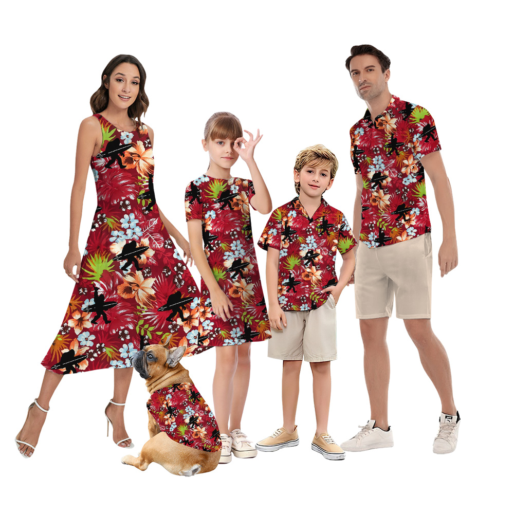 Bigfoot With Surfing Board Floral Red Matching Family Hawaiian Shirts - variant image 1