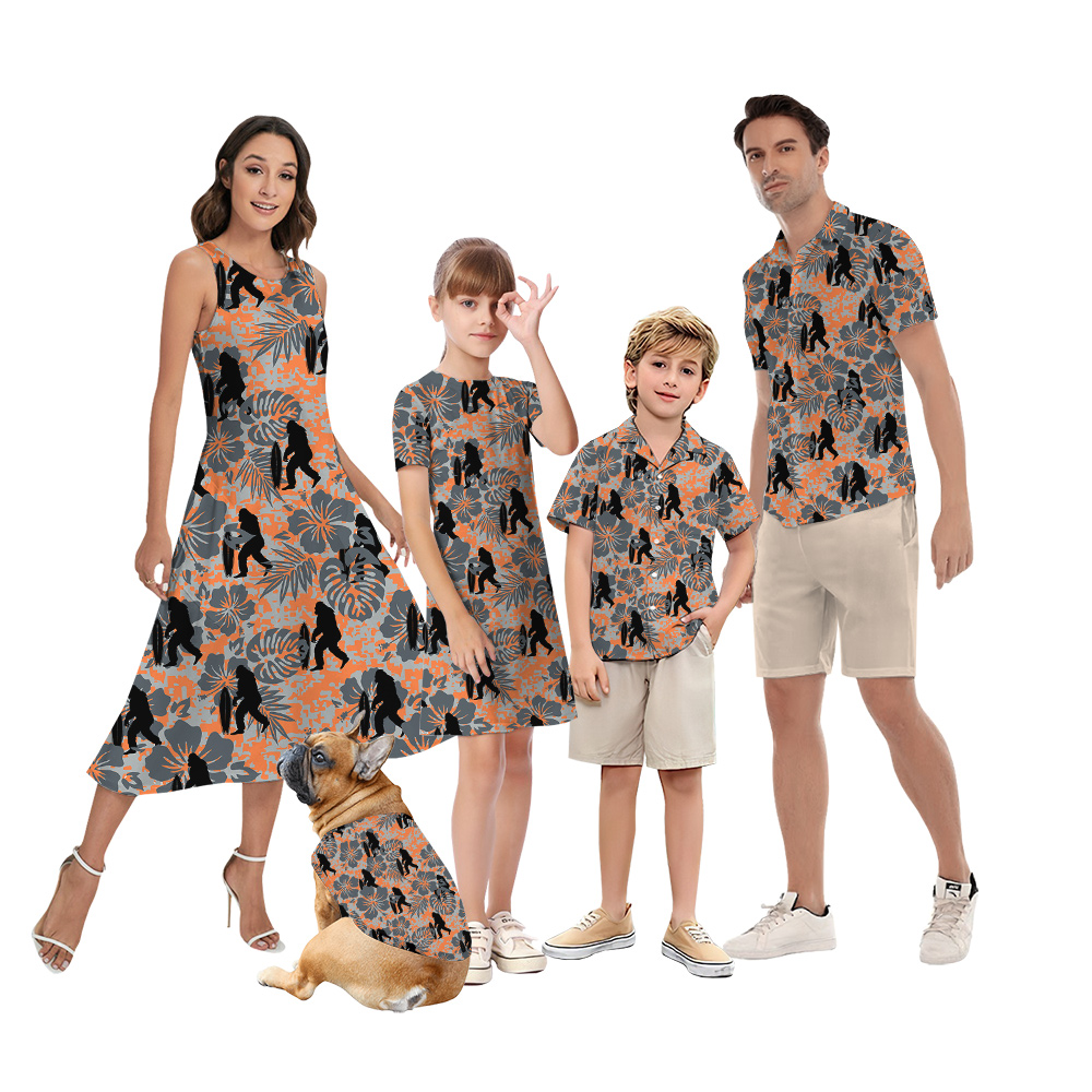 Funny Bigfoot Camo Hibiscus Orange Vintage Family Matching Hawaiian Outfits - variant image 1