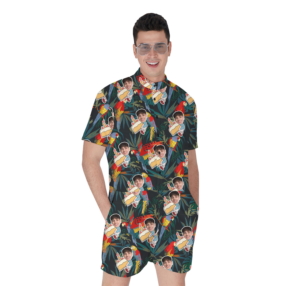 Custom Face Parrots Funky Green Birthday Aloha Romper for Men - variant image 1