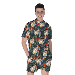 Custom Face Parrots Funky Green Birthday Aloha Romper for Men