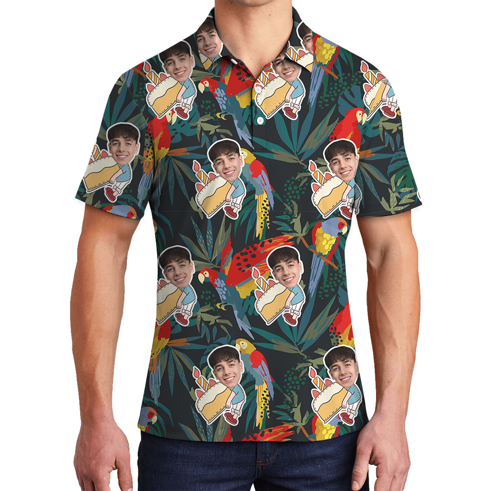 Funky Green Birthday Hawaiian Polo Shirt for Men with Face Custom - variant image 1