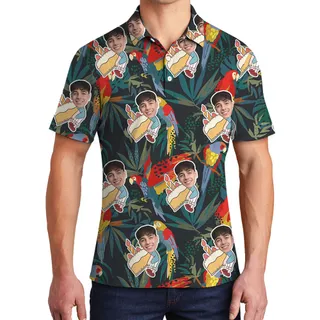 Funky Green Birthday Hawaiian Polo Shirt for Men with Face Custom