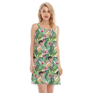 Custom Face Green Forest Birthday Hawaiian Cami Dress with Hibiscus Pattern
