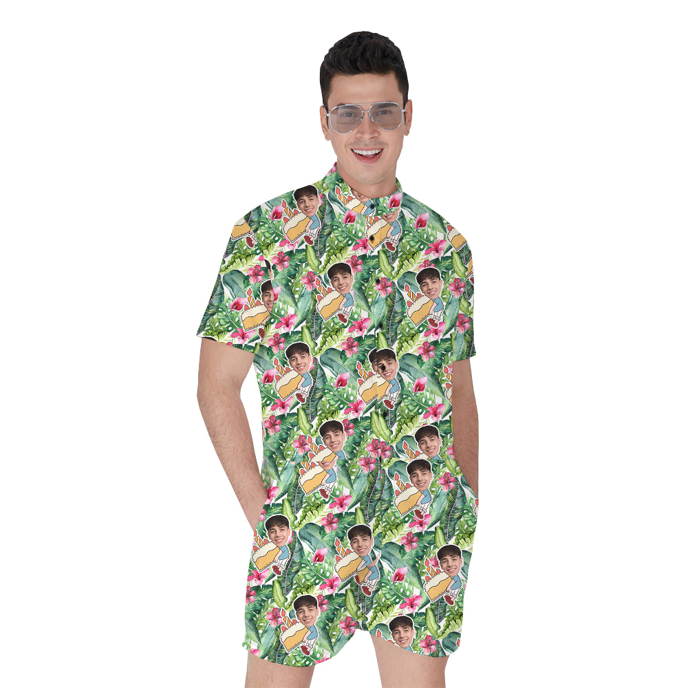 Custom Face Green Forest Birthday Hawaiian Romper for Men - variant image 1