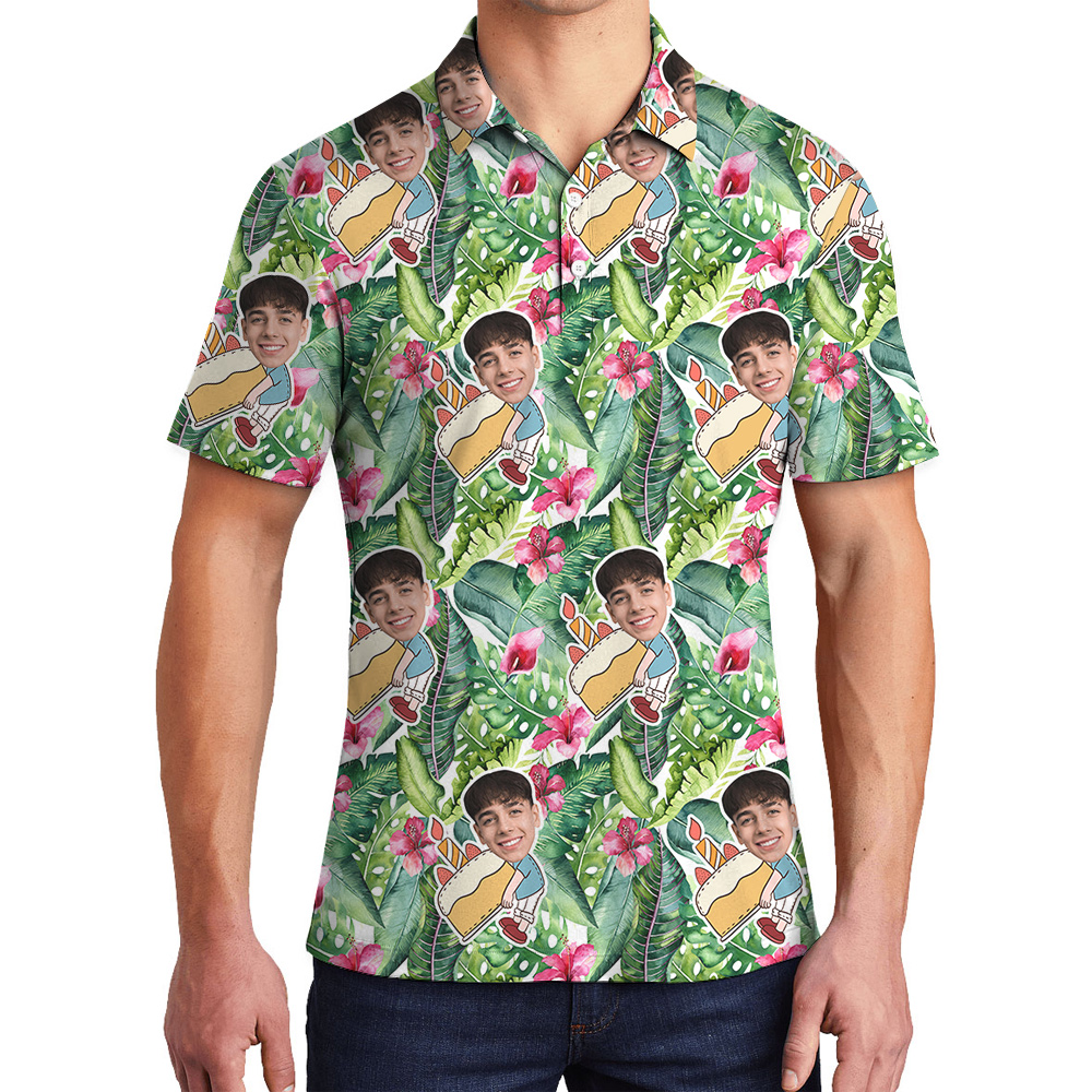 Green Forest Custom Face Birthday Hawaiian Polo Shirt for Men - variant image 1