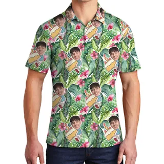 Green Forest Custom Face Birthday Hawaiian Polo Shirt for Men