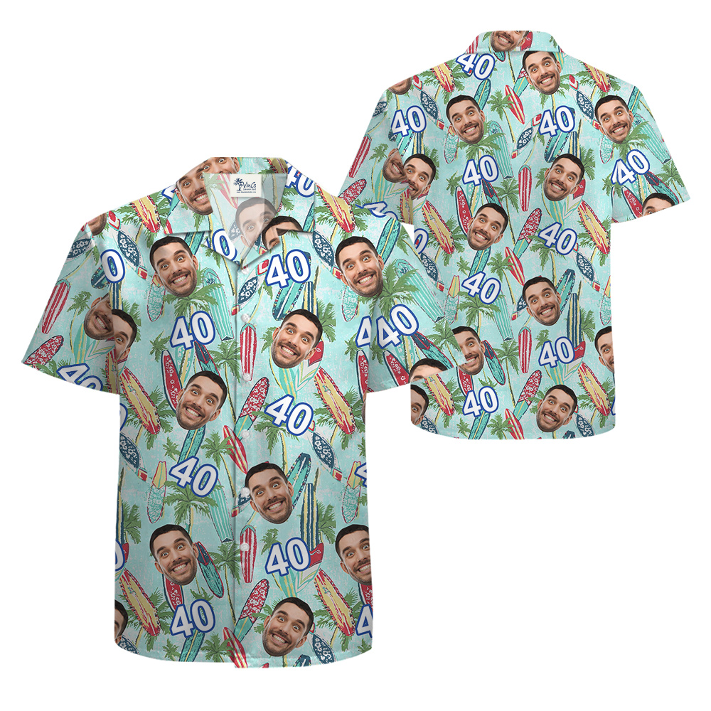 Surfboard Birthday Hawaiian Shirt for Men with Custom Face and Age