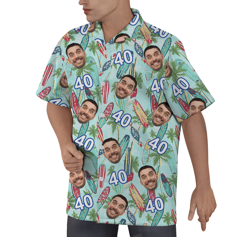 Surfboard Birthday Hawaiian Shirt for Men with Custom Face and Age