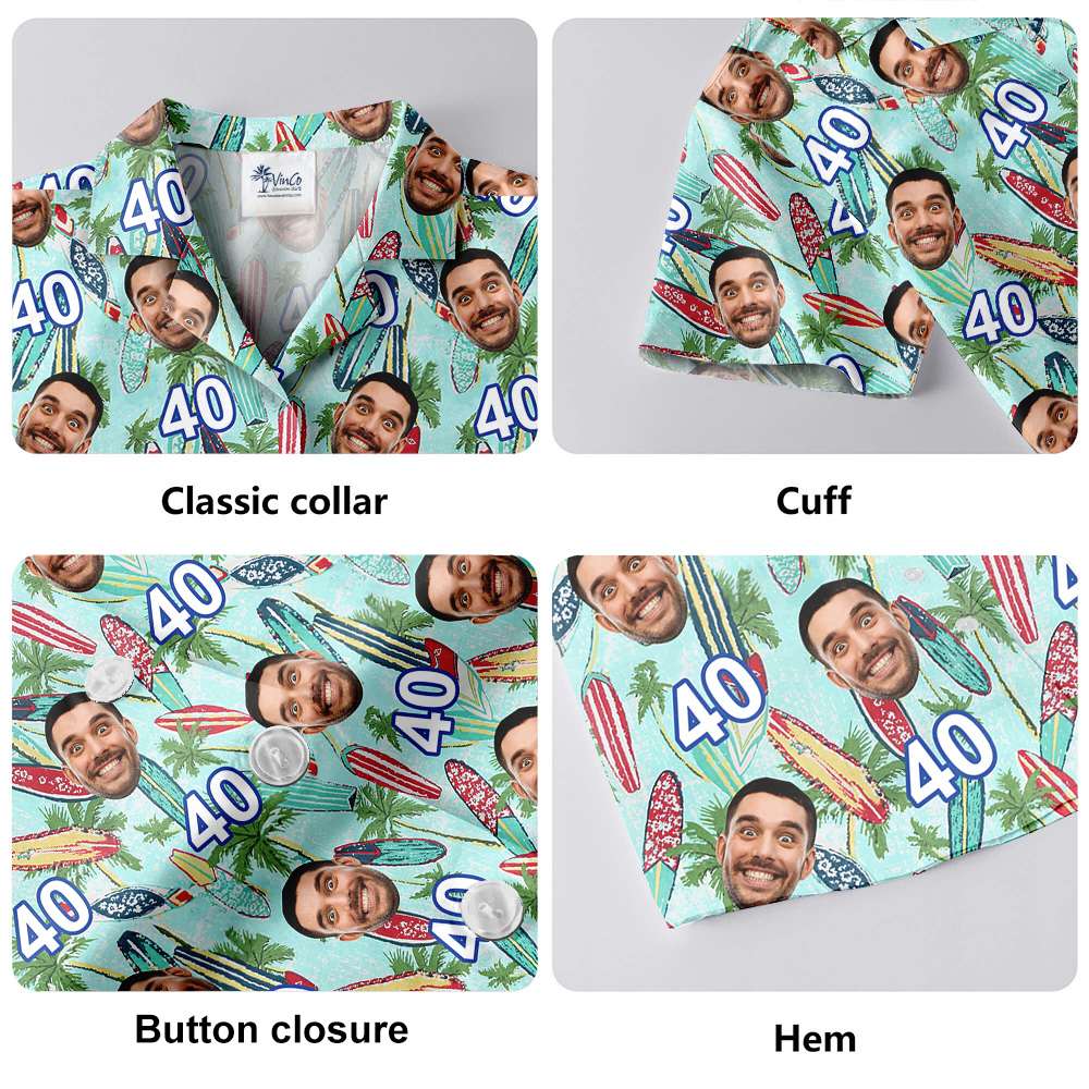 Surfboard Birthday Hawaiian Shirt for Men with Custom Face and Age