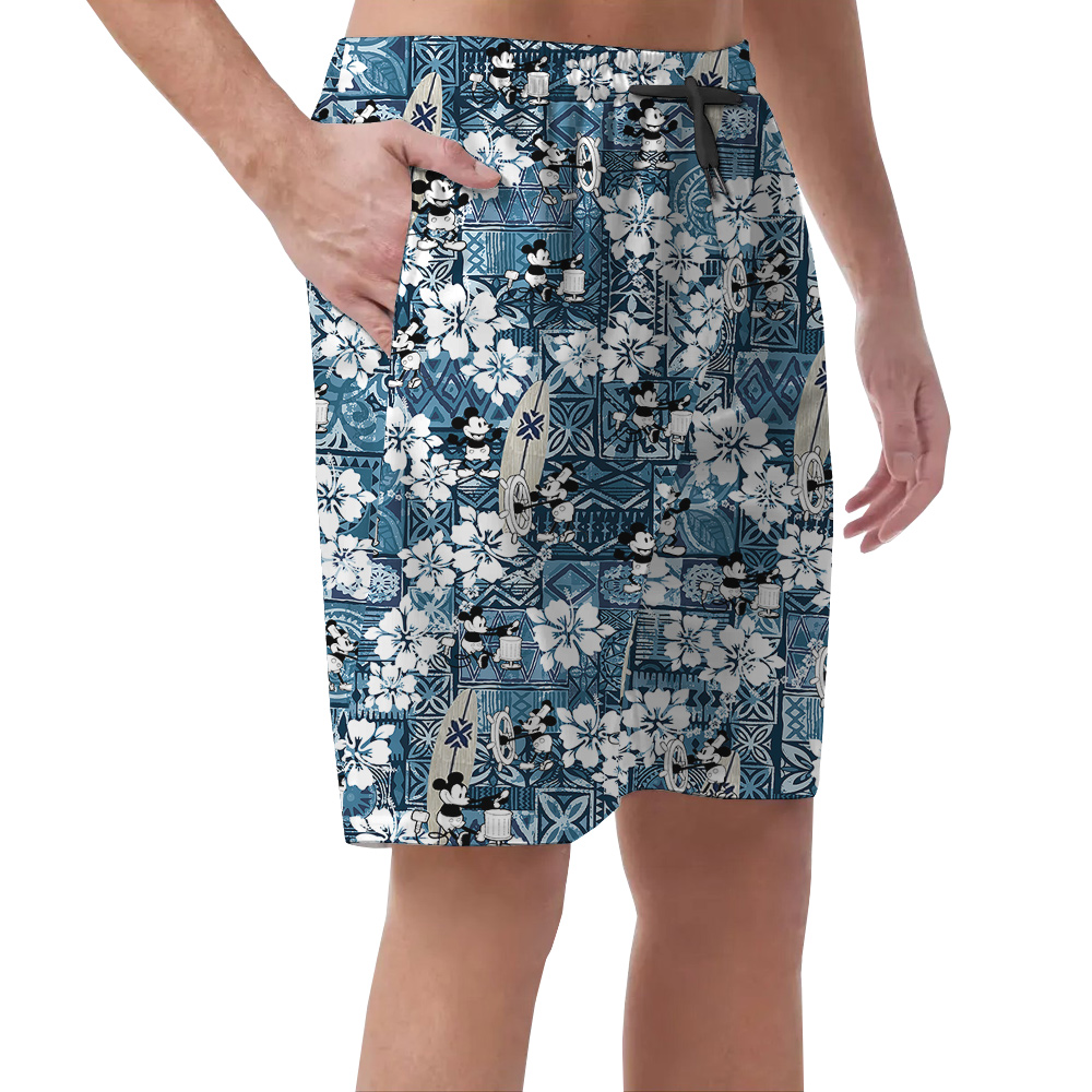 Mickey Steamboat Willie Vintage Hibiscus Blue Hawaiian Beach Shorts For Men