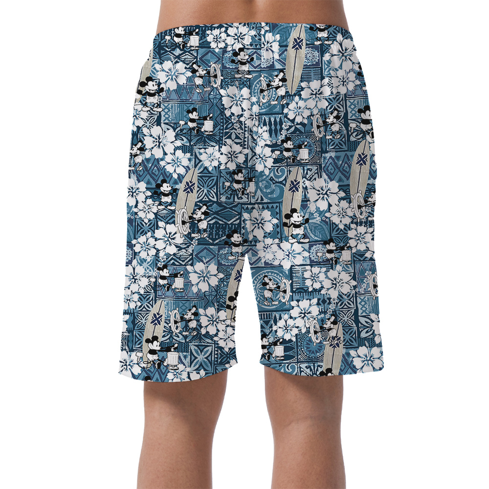 Mickey Steamboat Willie Vintage Hibiscus Blue Hawaiian Beach Shorts For Men