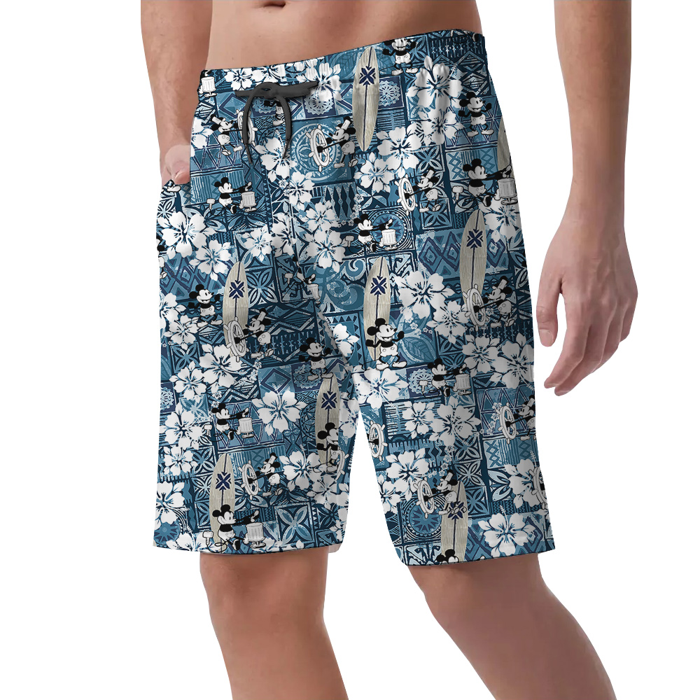 Mickey Steamboat Willie Vintage Hibiscus Blue Hawaiian Beach Shorts For Men