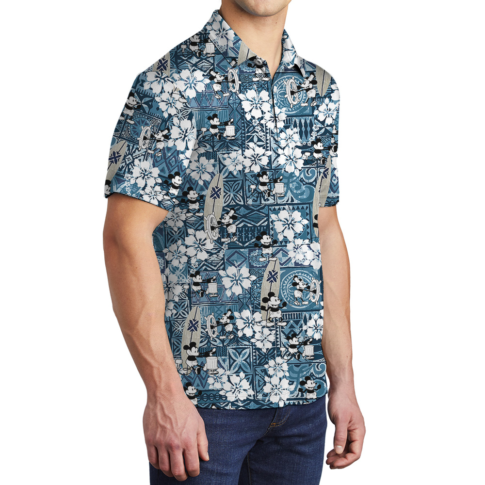 Mickey Steamboat Willie 1928 Vintage Patterns Blue Hawaiian Polo Shirt