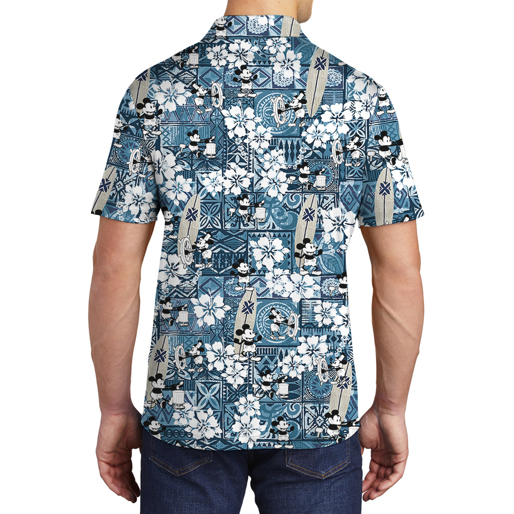 Mickey Steamboat Willie 1928 Vintage Patterns Blue Hawaiian Polo Shirt