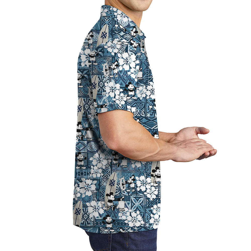 Mickey Steamboat Willie 1928 Vintage Patterns Blue Hawaiian Polo Shirt