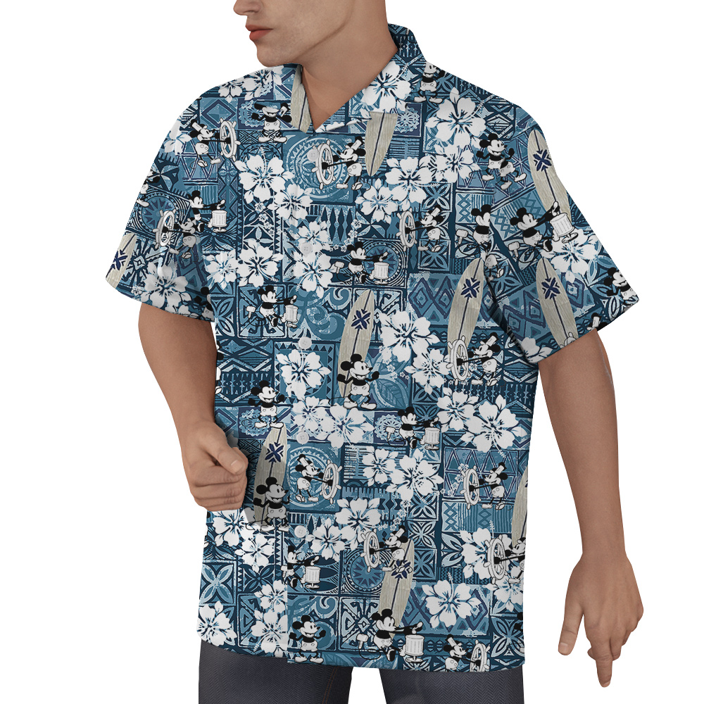 Vintage Mickey Steamboat Willie Hibiscus Blue Aloha Shirt