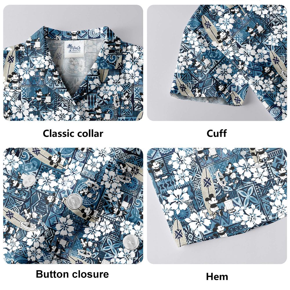 Vintage Mickey Steamboat Willie Hibiscus Blue Aloha Shirt