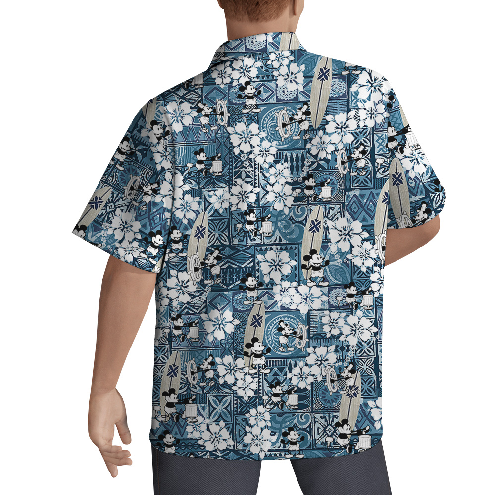 Vintage Mickey Steamboat Willie Hibiscus Blue Aloha Shirt