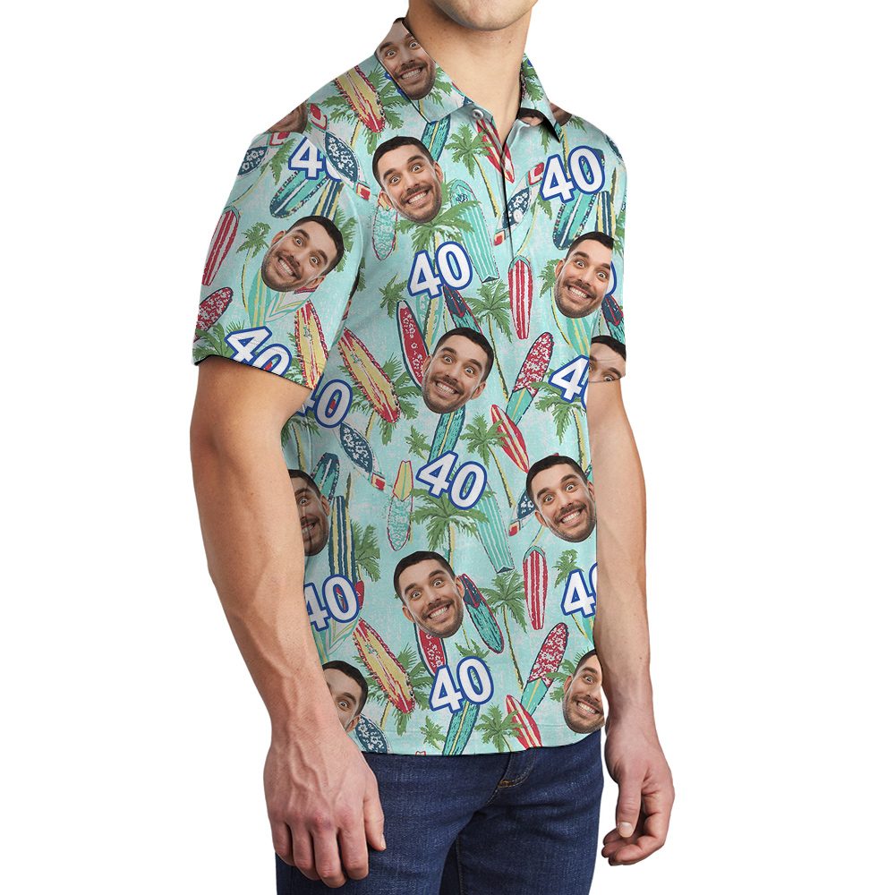 Surfboard Birthday Hawaiian Polo Shirt for Men with Custom Face and Age