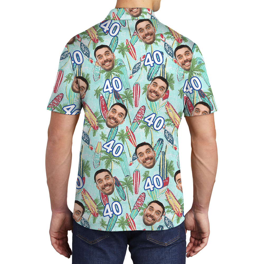 Surfboard Birthday Hawaiian Polo Shirt for Men with Custom Face and Age