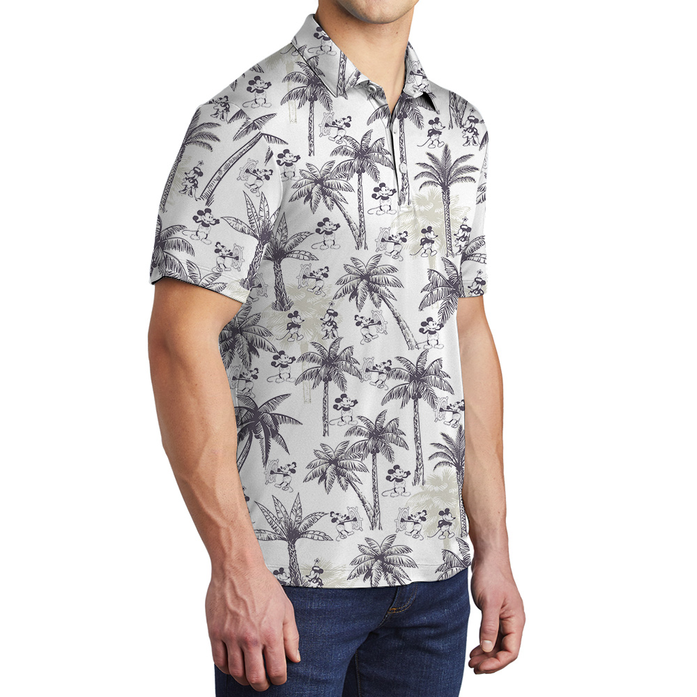 Tropical Palm Tree Mickey Steamboat Willie 1928 Vintage Hawaiian Polo Shirt