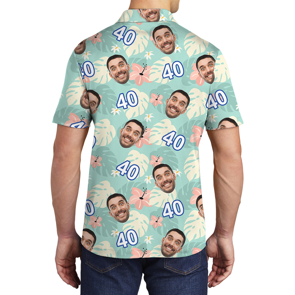 Custom Face and Age Green Birthday Polo Hawaiian Shirt Mens