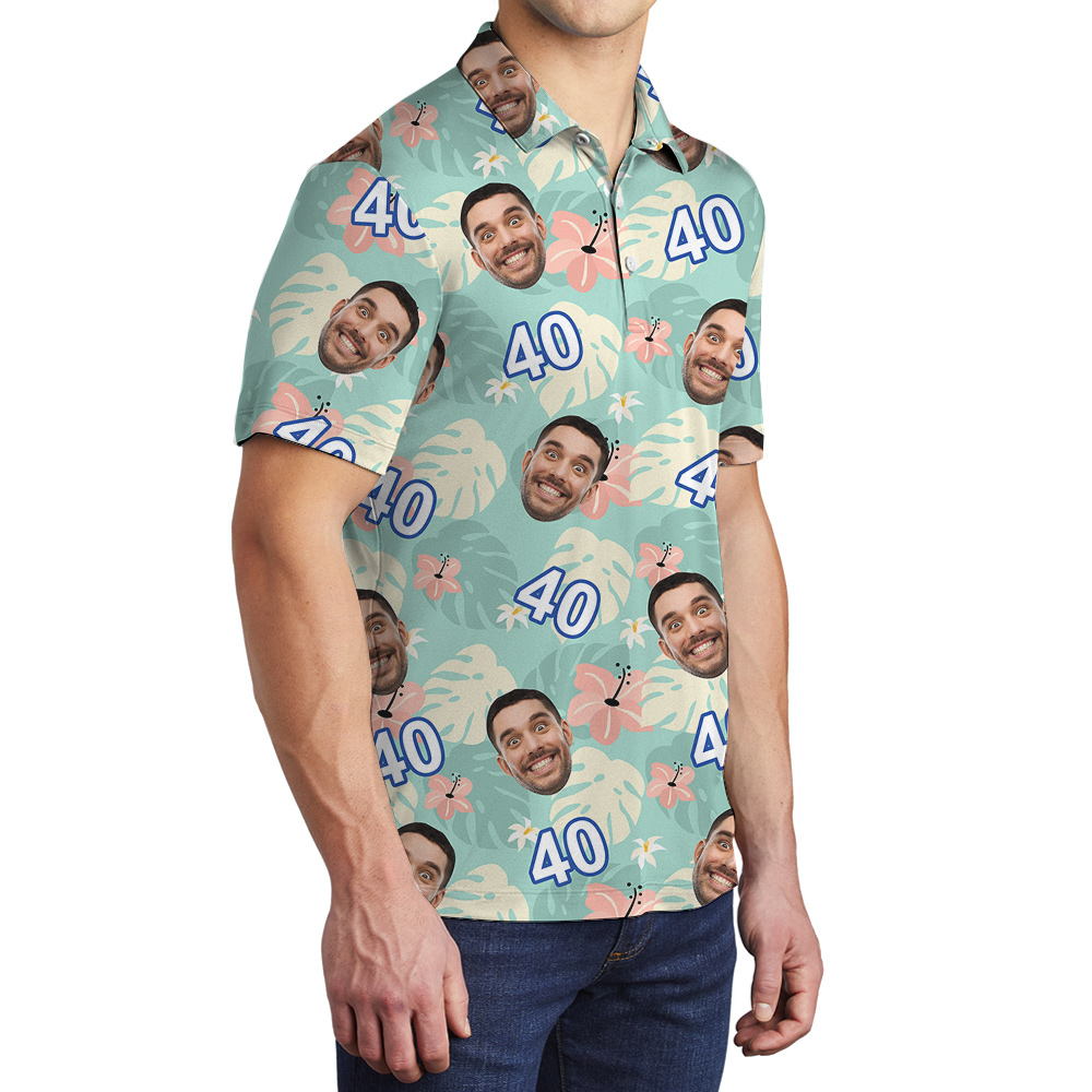 Custom Face and Age Green Birthday Polo Hawaiian Shirt Mens