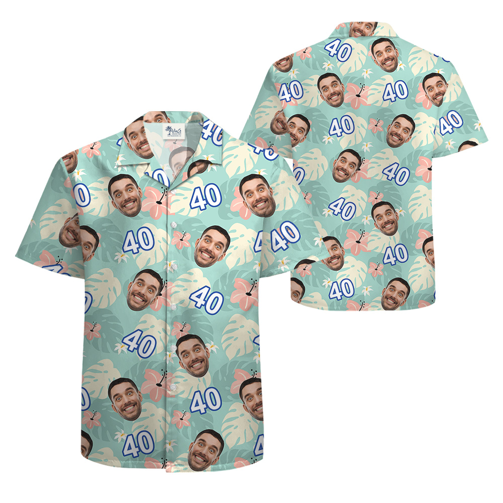 Custom Face and Age Green Birthday Hawaiian Shirt Mens