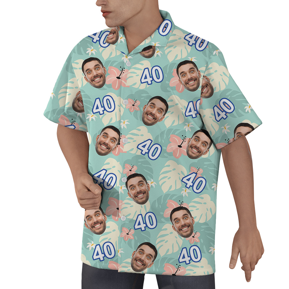 Custom Face and Age Green Birthday Hawaiian Shirt Mens
