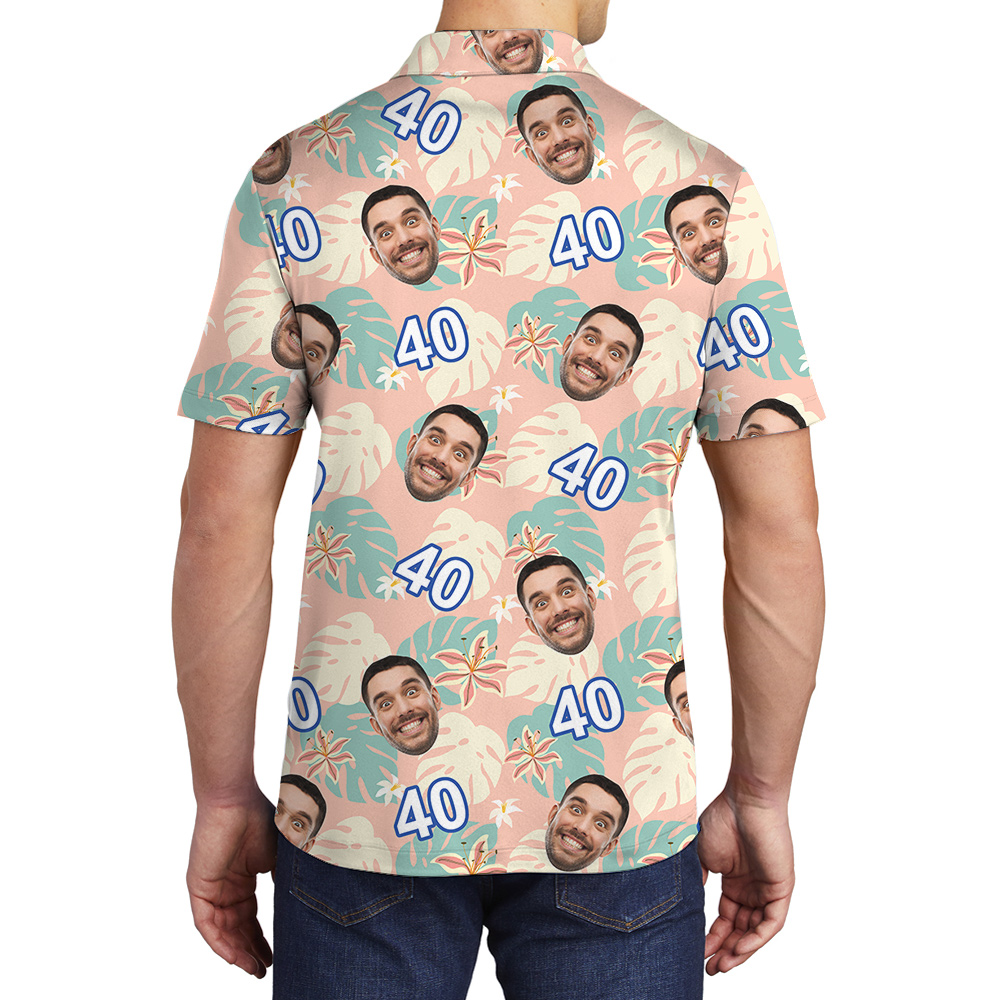 Custom Face and Age Funny Pink Birthday Hawaiian Polo Shirt Mens