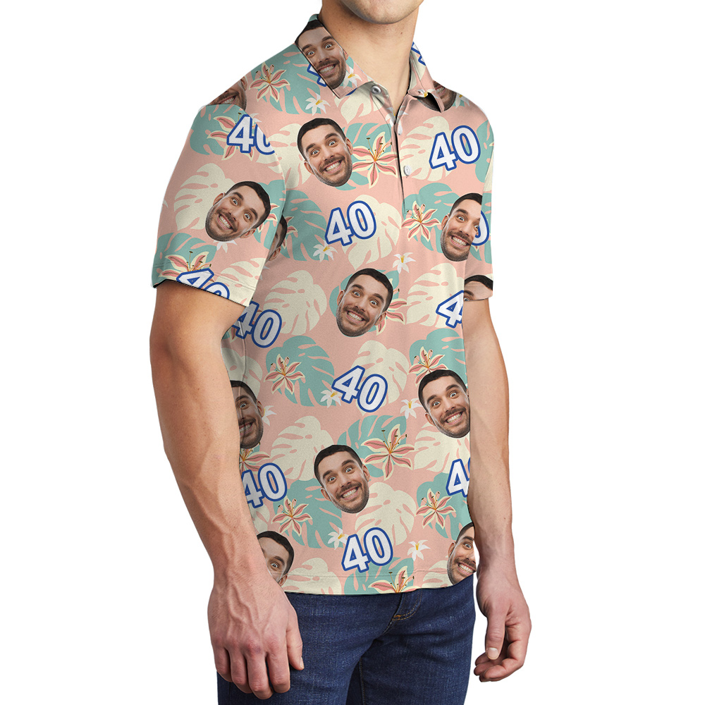 Custom Face and Age Funny Pink Birthday Hawaiian Polo Shirt Mens