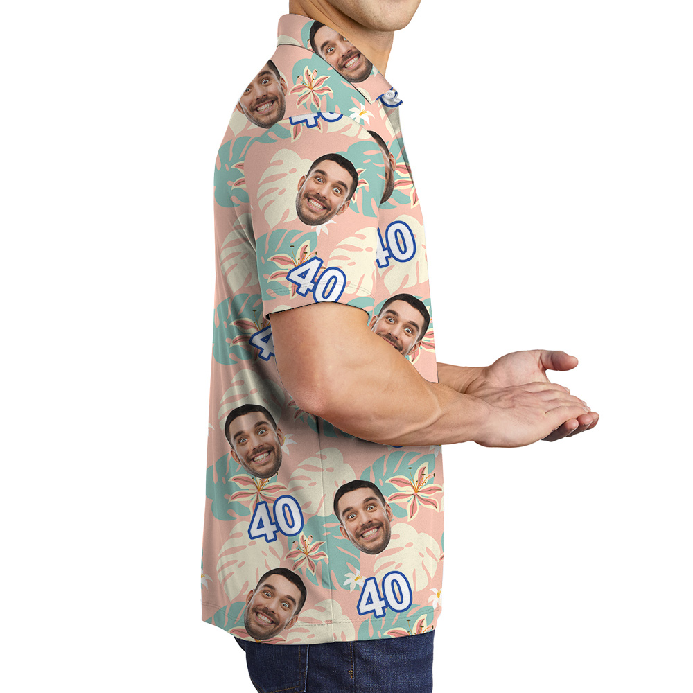 Custom Face and Age Funny Pink Birthday Hawaiian Polo Shirt Mens