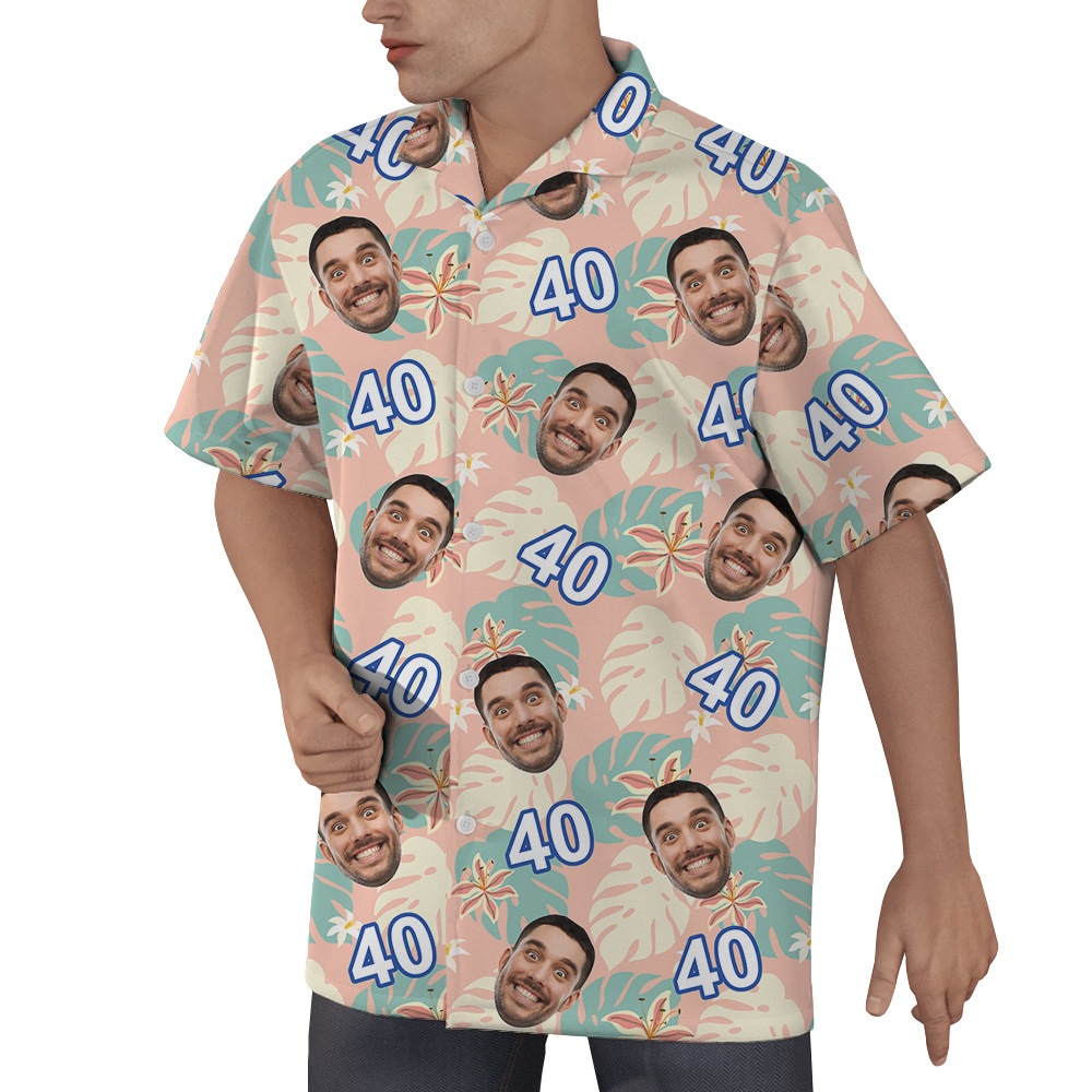Custom Face and Age Funny Pink Birthday Hawaiian Shirt Men