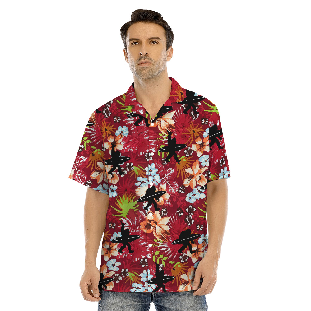 Bigfoot With Surfing Board Floral Red Matching Family Hawaiian Shirts