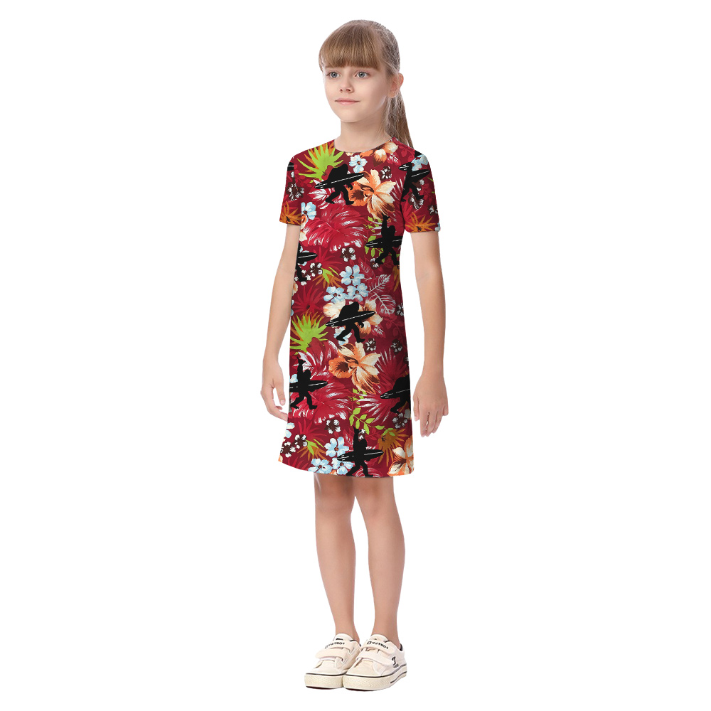 Bigfoot With Surfing Board Floral Red Matching Family Hawaiian Shirts
