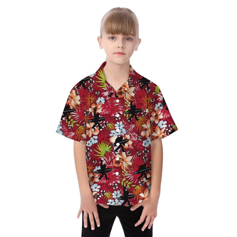 Bigfoot With Surfing Board Floral Red Matching Family Hawaiian Shirts
