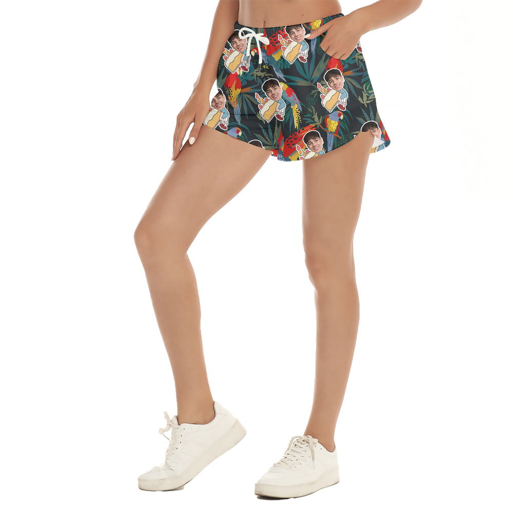 Custom Face Parrots Funky Green Birthday Hawaiian Women Short