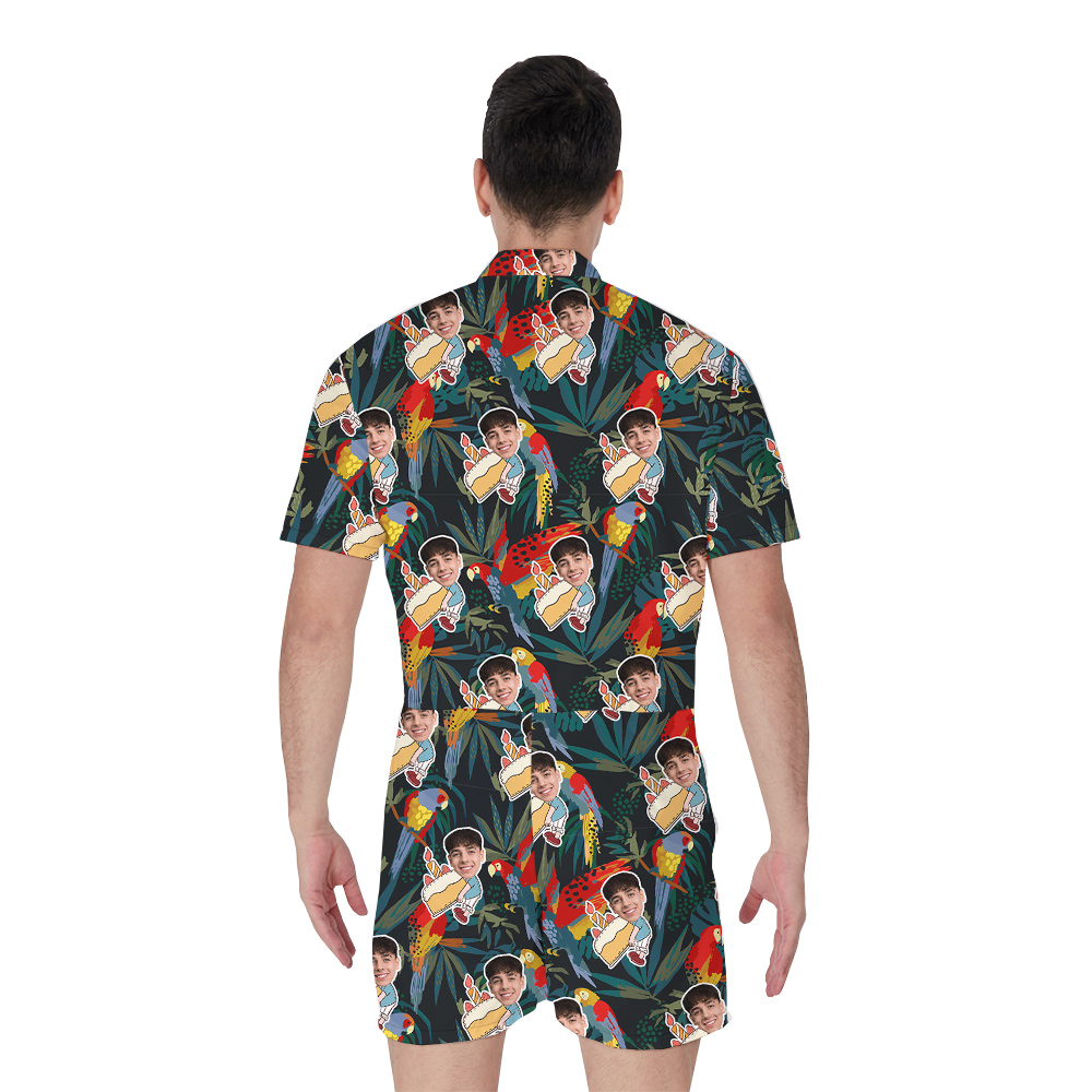 Custom Face Parrots Funky Green Birthday Aloha Romper for Men
