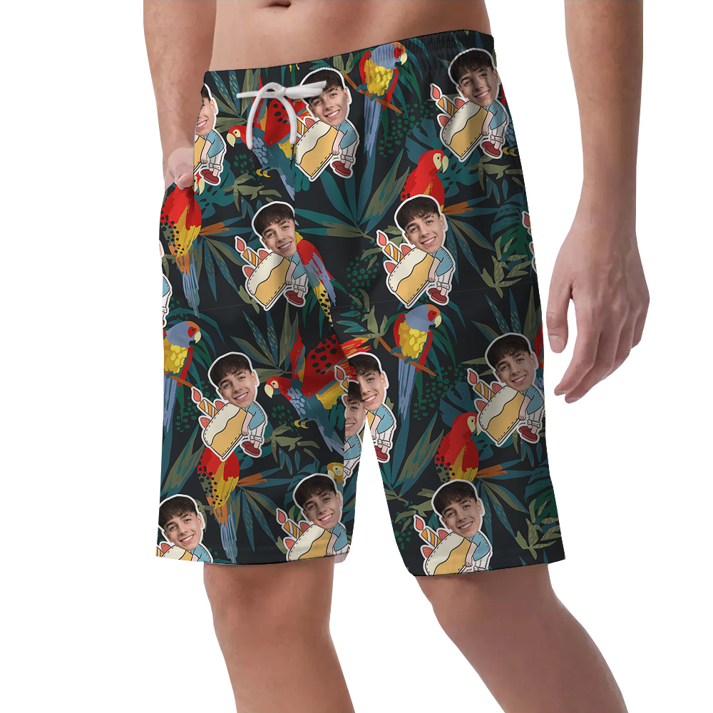 Custom Face Parrots Funky Green Birthday Aloha Short for Men