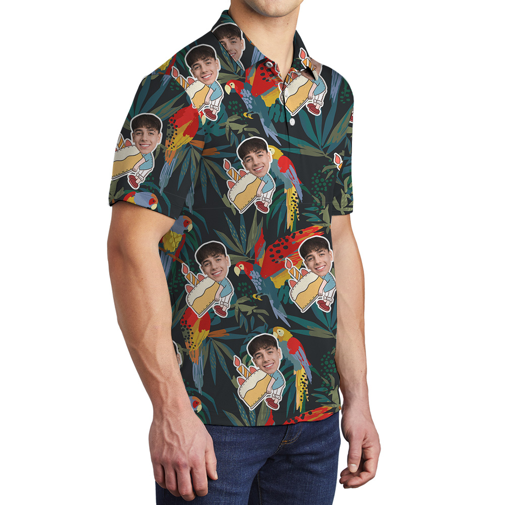 Funky Green Birthday Hawaiian Polo Shirt for Men with Face Custom