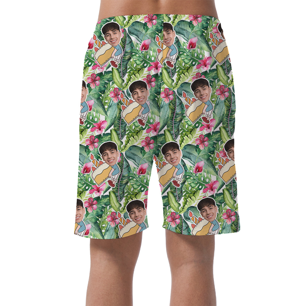Custom Face Green Forest Birthday Hawaiian Men Short