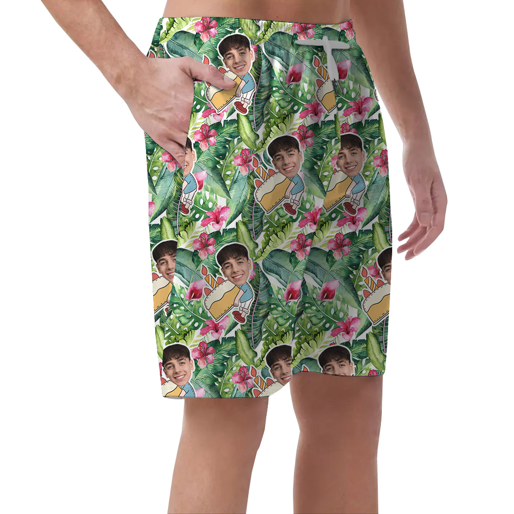 Custom Face Green Forest Birthday Hawaiian Men Short