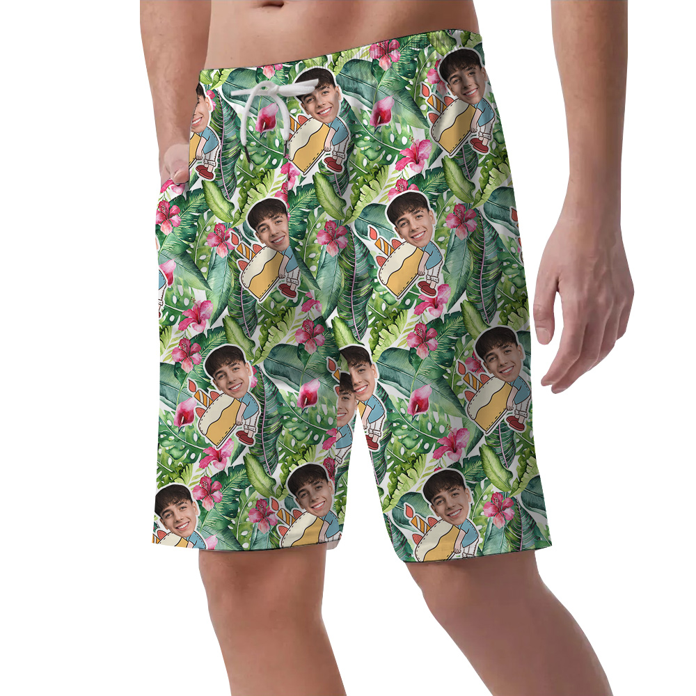 Custom Face Green Forest Birthday Hawaiian Men Short