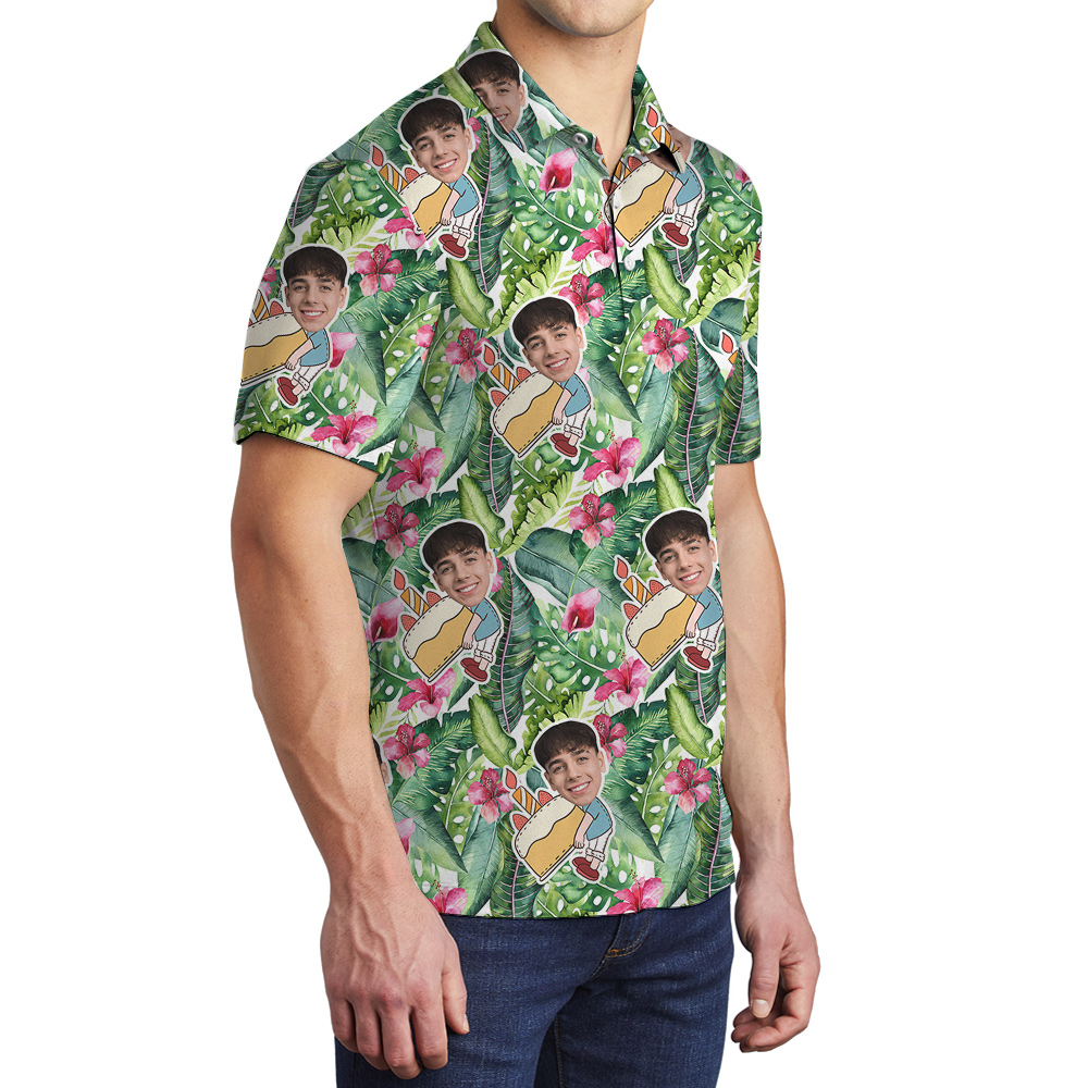 Green Forest Custom Face Birthday Hawaiian Polo Shirt for Men