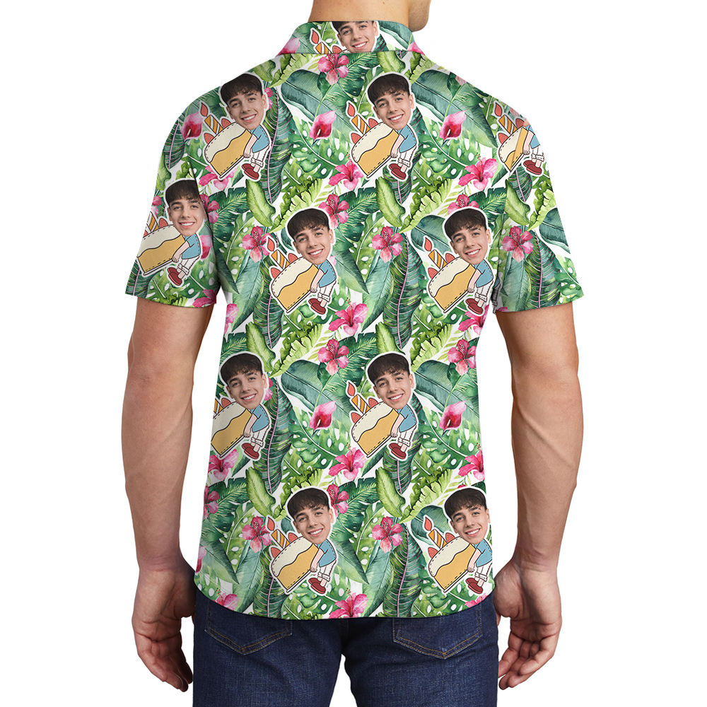 Green Forest Custom Face Birthday Hawaiian Polo Shirt for Men