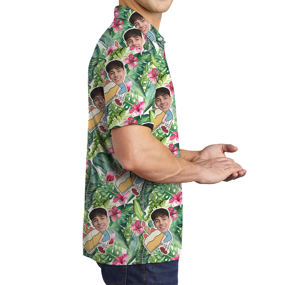 Green Forest Custom Face Birthday Hawaiian Polo Shirt for Men